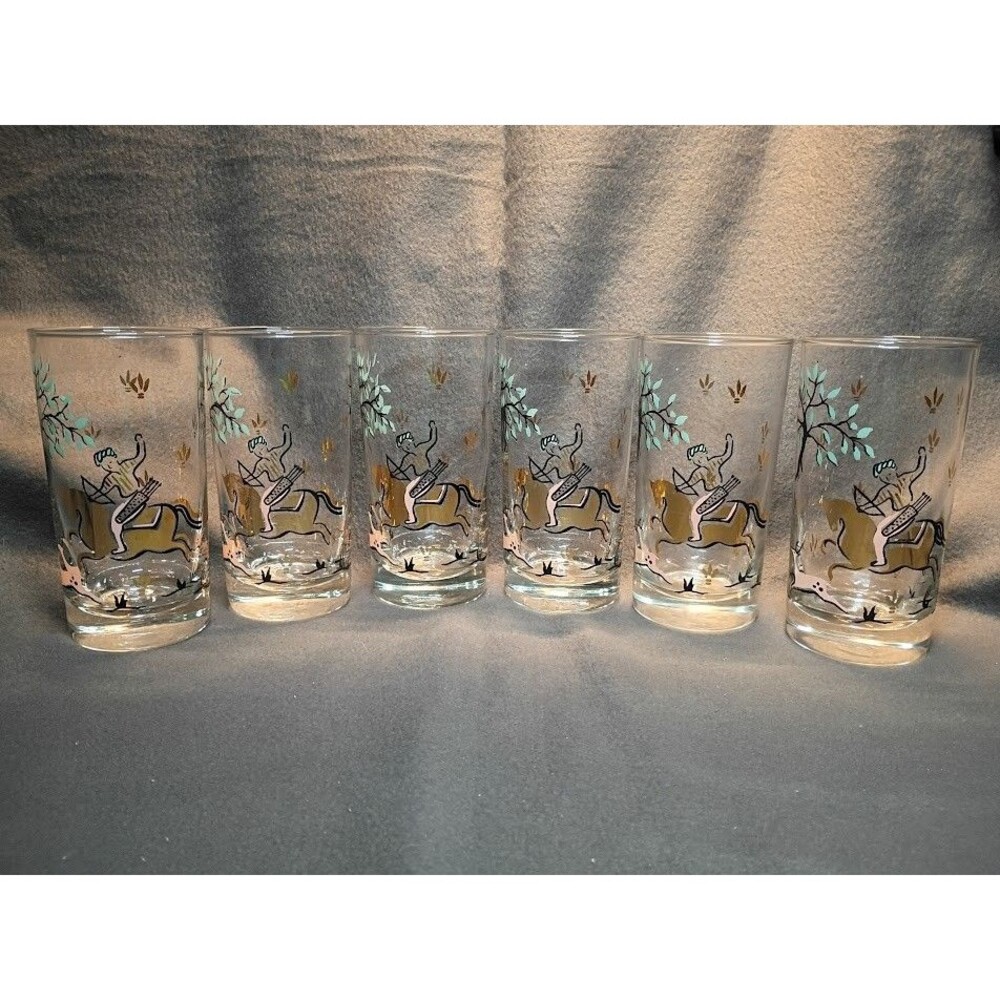 Vintage Libbey Tumbler Man On Horse Hunting Deer